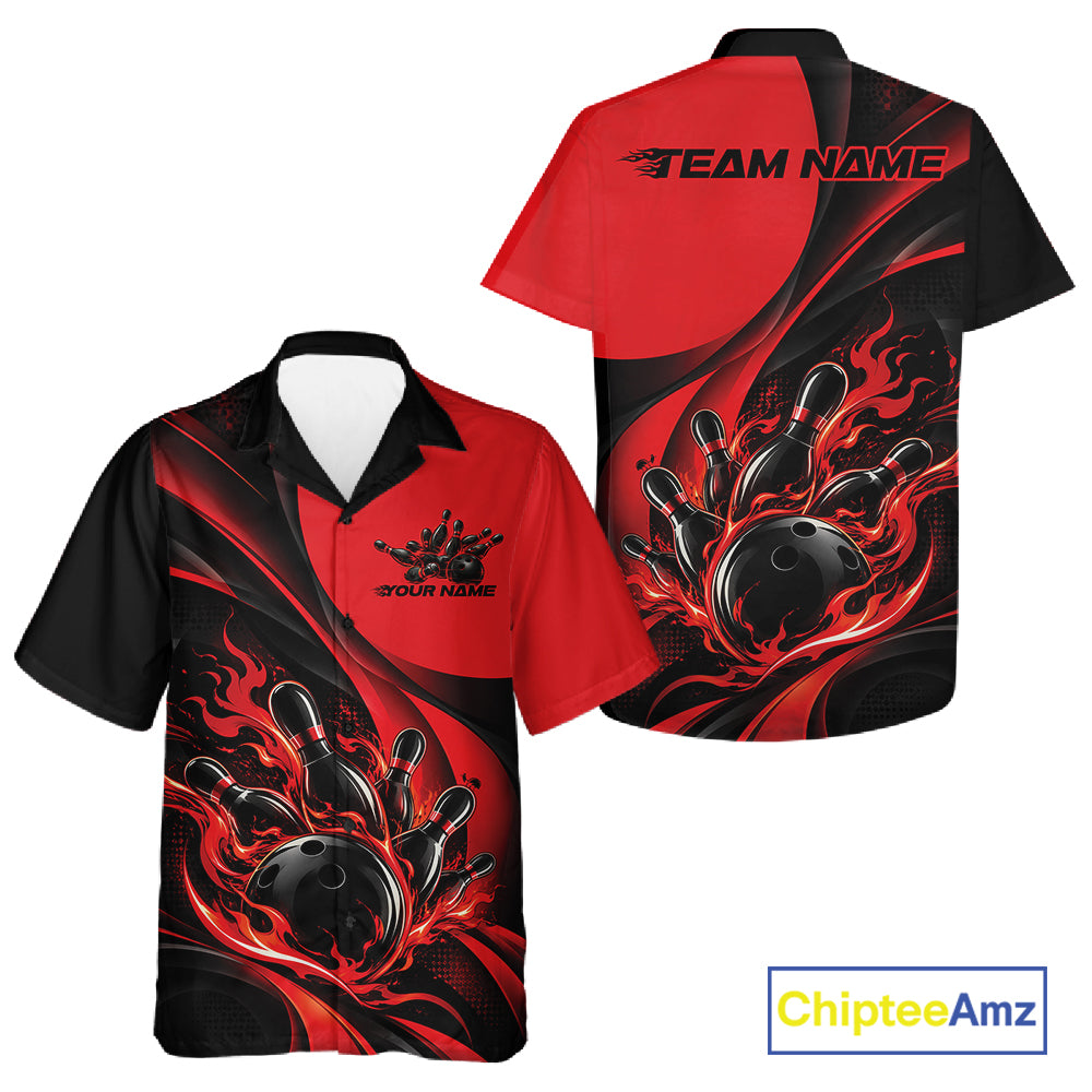 Black And Red Custom Flame Bowling Men And Women Button Up Shirt, Bowling Team Tournament Jersey IPHW12855