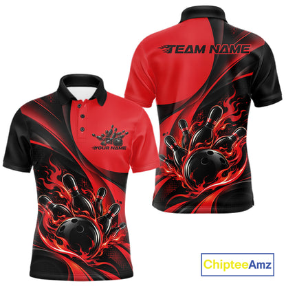 Black And Red Custom Flame Bowling Men Polo Shirt, Bowling Team Tournament Jersey IPHW12855