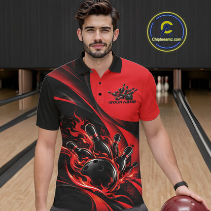 Black And Red Custom Flame Bowling Men Polo Shirt, Bowling Team Tournament Jersey IPHW12855