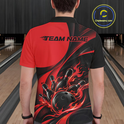 Black And Red Custom Flame Bowling Men Polo Shirt, Bowling Team Tournament Jersey IPHW12855