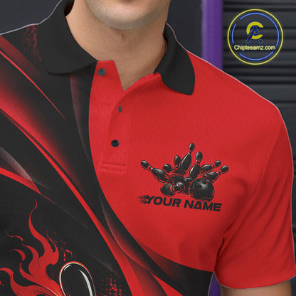Black And Red Custom Flame Bowling Men Polo Shirt, Bowling Team Tournament Jersey IPHW12855