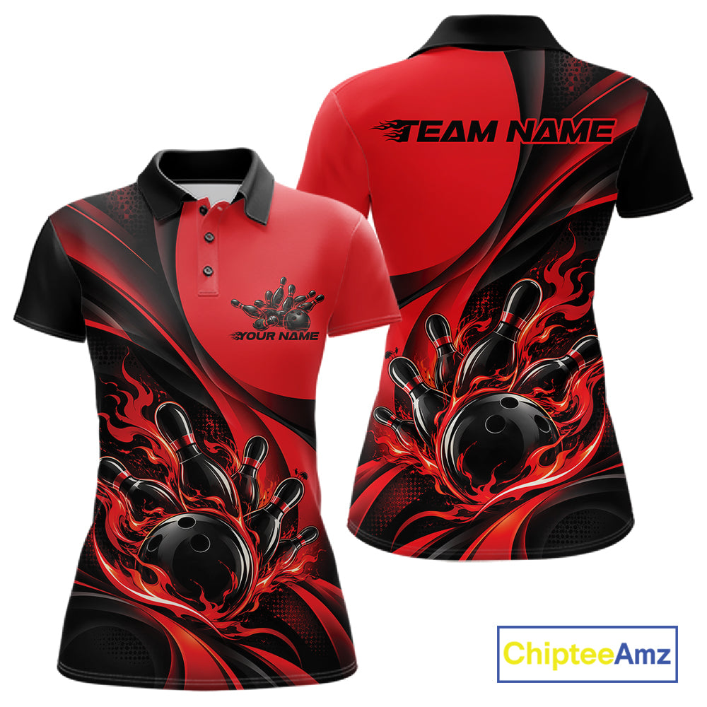 Black And Red Custom Flame Bowling Women Polo Shirt, Bowling Team Tournament Jersey IPHW12855