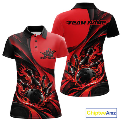 Black And Red Custom Flame Bowling Women Polo Shirt, Bowling Team Tournament Jersey IPHW12855