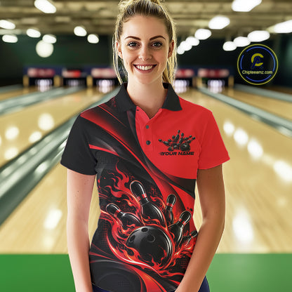 Black And Red Custom Flame Bowling Women Polo Shirt, Bowling Team Tournament Jersey IPHW12855
