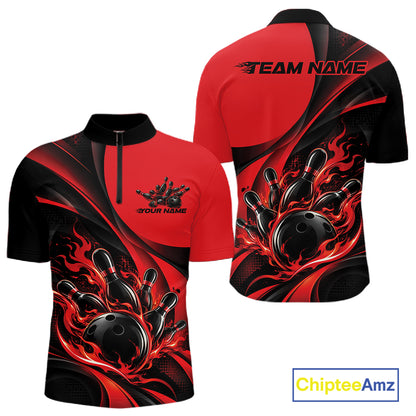 Black And Red Custom Flame Bowling Men Quarter Zip Shirt, Bowling Team Tournament Jersey IPHW12855