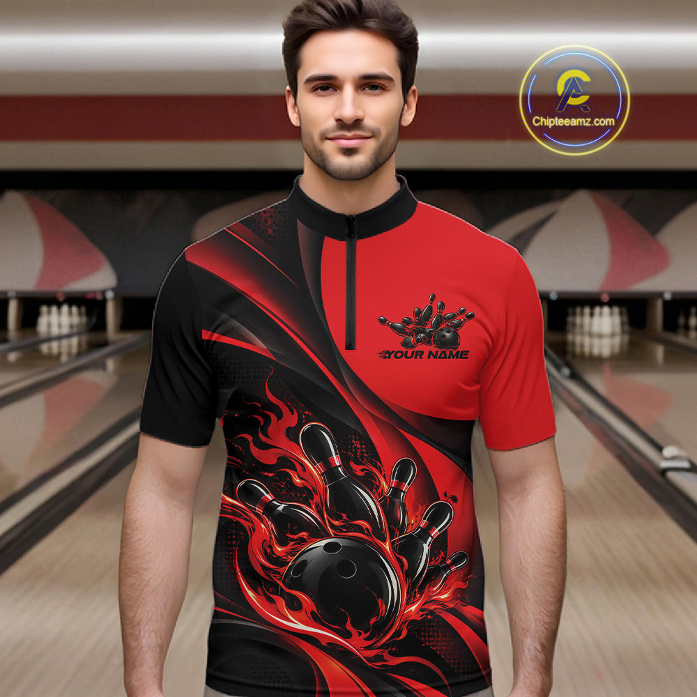 Black And Red Custom Flame Bowling Men Quarter Zip Shirt, Bowling Team Tournament Jersey IPHW12855