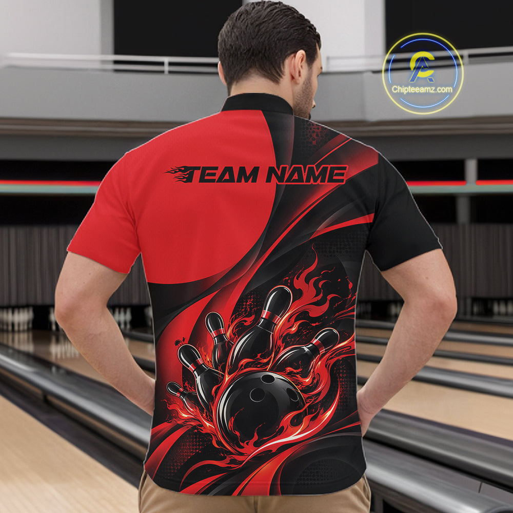 Black And Red Custom Flame Bowling Men Quarter Zip Shirt, Bowling Team Tournament Jersey IPHW12855