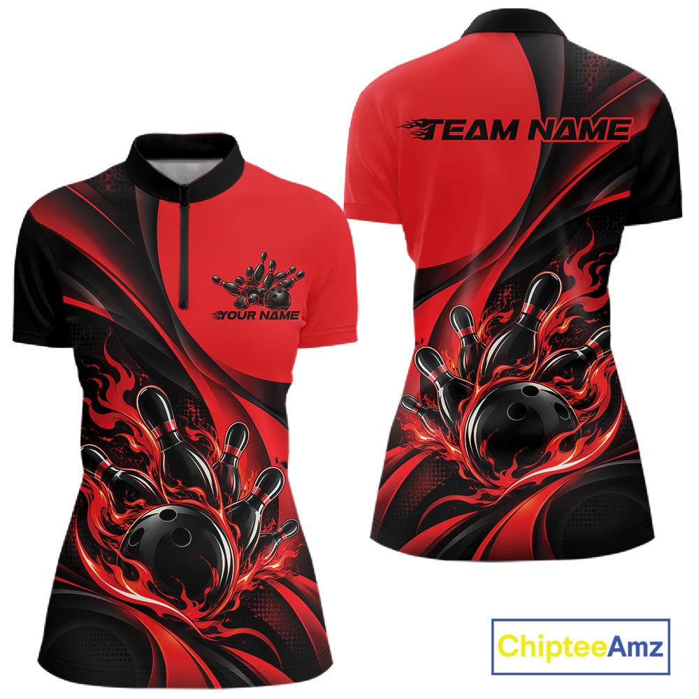 Black And Red Custom Flame Bowling Women Quarter-Zip Shirt, Bowling Team Jersey IPHW12855