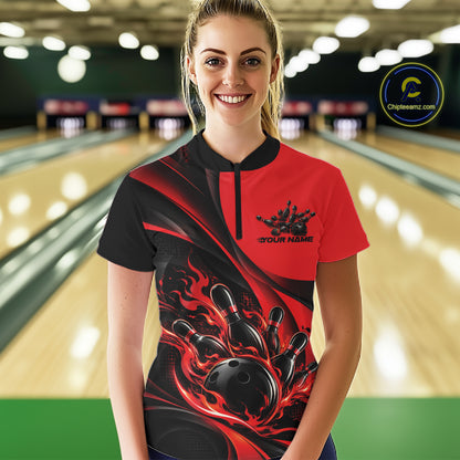 Black And Red Custom Flame Bowling Women Quarter-Zip Shirt, Bowling Team Jersey IPHW12855