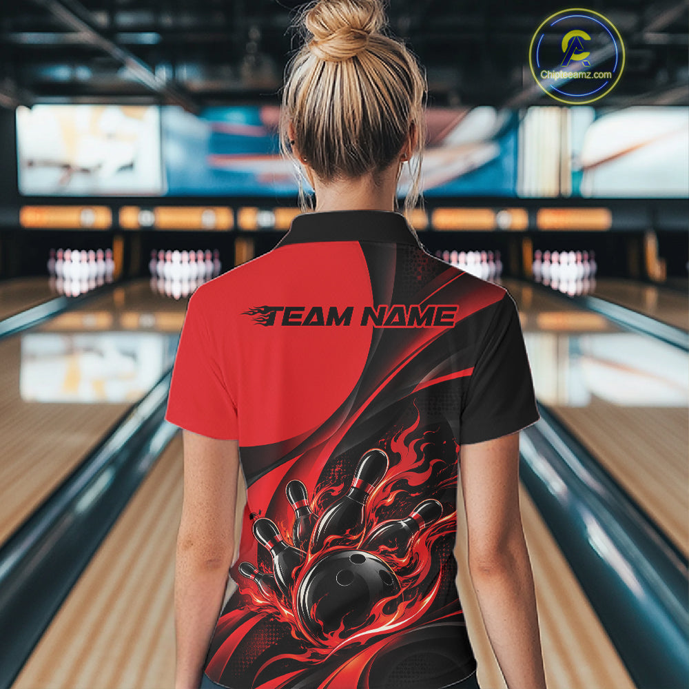 Black And Red Custom Flame Bowling Women Quarter-Zip Shirt, Bowling Team Jersey IPHW12855