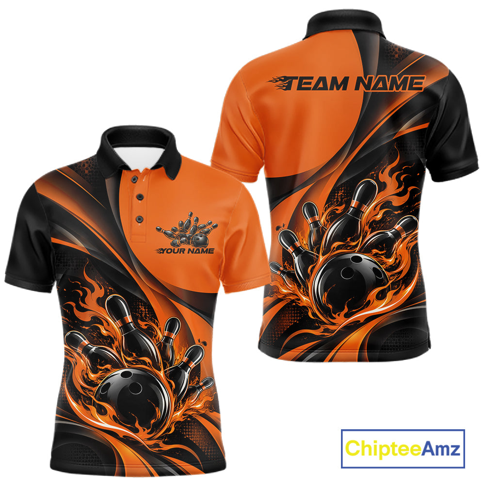 Black And Orange Custom Flame Bowling Men Polo Shirt, Bowling Team Tournament Jersey IPHW12856