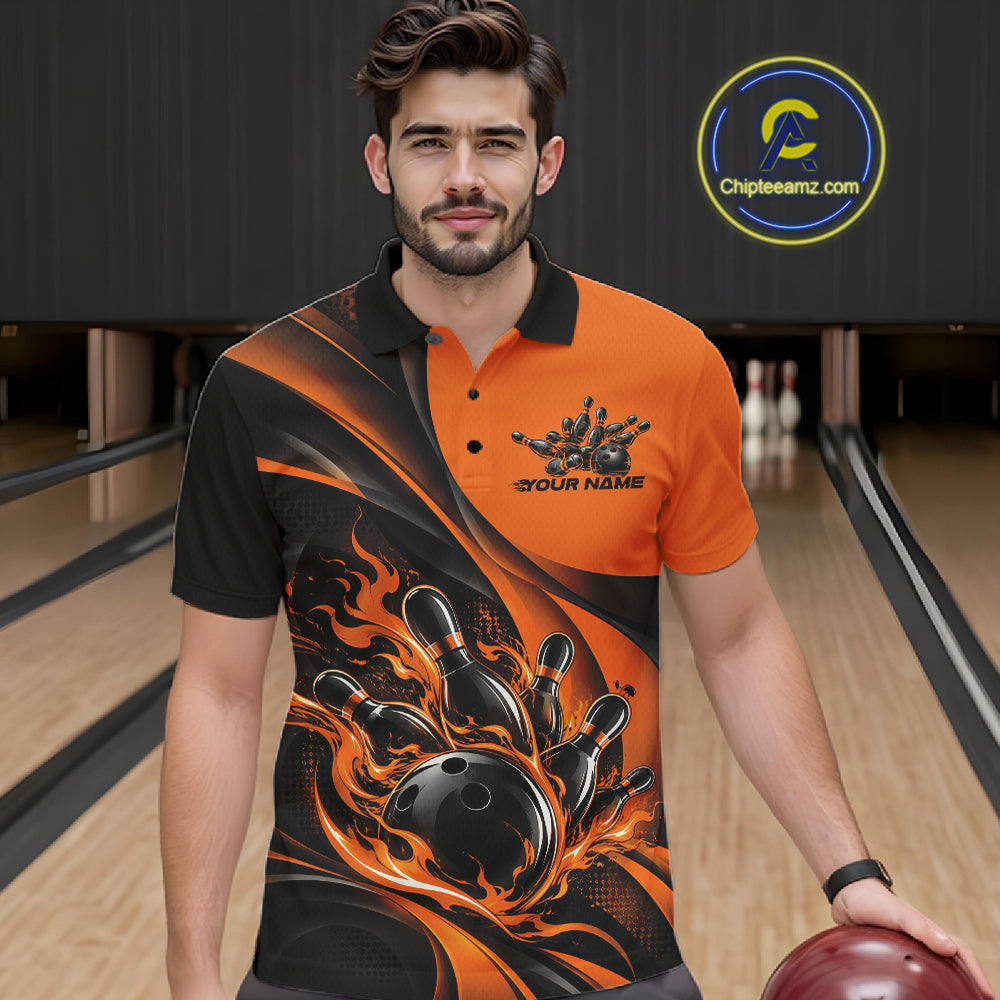 Black And Orange Custom Flame Bowling Men Polo Shirt, Bowling Team Tournament Jersey IPHW12856