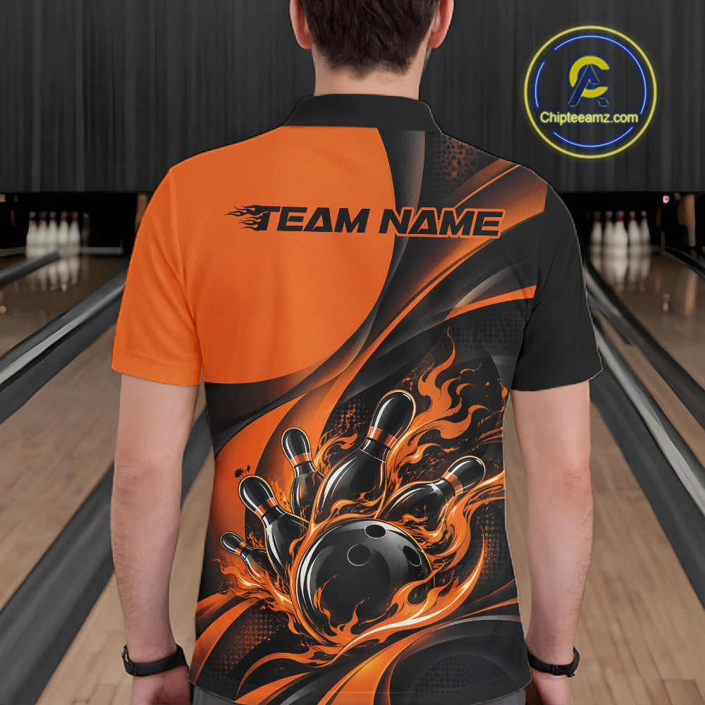 Black And Orange Custom Flame Bowling Men Polo Shirt, Bowling Team Tournament Jersey IPHW12856