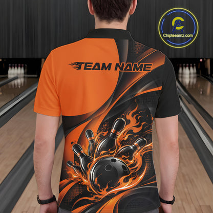 Black And Orange Custom Flame Bowling Men Polo Shirt, Bowling Team Tournament Jersey IPHW12856