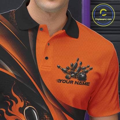 Black And Orange Custom Flame Bowling Men Polo Shirt, Bowling Team Tournament Jersey IPHW12856
