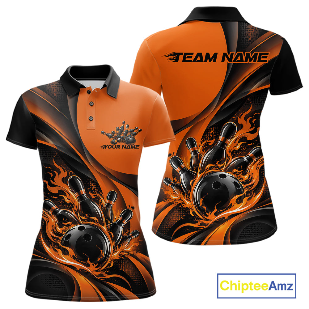 Black And Orange Custom Flame Bowling Women Polo Shirt, Bowling Team Tournament Jersey IPHW12856