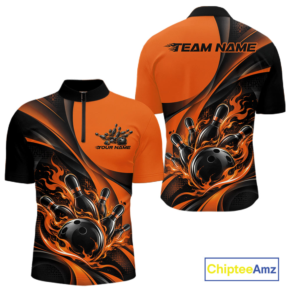 Black And Orange Custom Flame Bowling Men Quarter Zip Shirt, Bowling Team Tournament Jersey IPHW12856