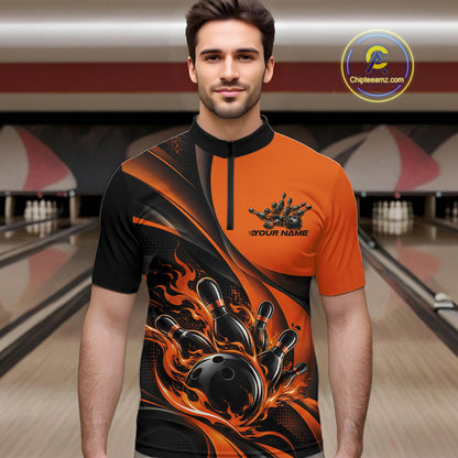 Black And Orange Custom Flame Bowling Men Quarter Zip Shirt, Bowling Team Tournament Jersey IPHW12856