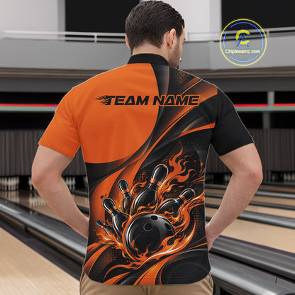 Black And Orange Custom Flame Bowling Men Quarter Zip Shirt, Bowling Team Tournament Jersey IPHW12856