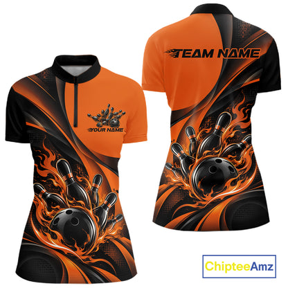 Black And Orange Custom Flame Bowling Women Quarter-Zip Shirt, Bowling Team Jersey IPHW12856