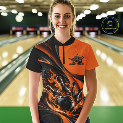 Black And Orange Custom Flame Bowling Women Quarter-Zip Shirt, Bowling Team Jersey IPHW12856