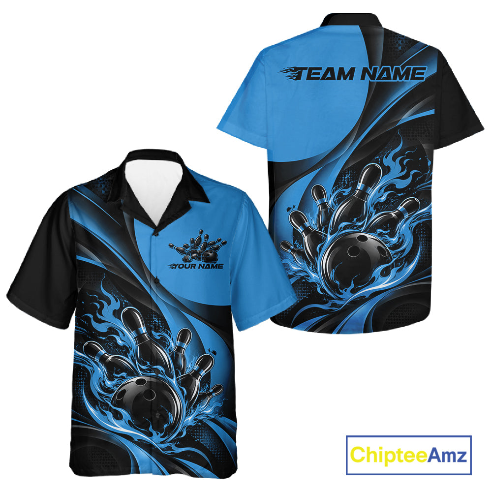 Black And Blue Custom Flame Bowling Men And Women Button Up Shirt, Bowling Team Tournament Jersey IPHW12857