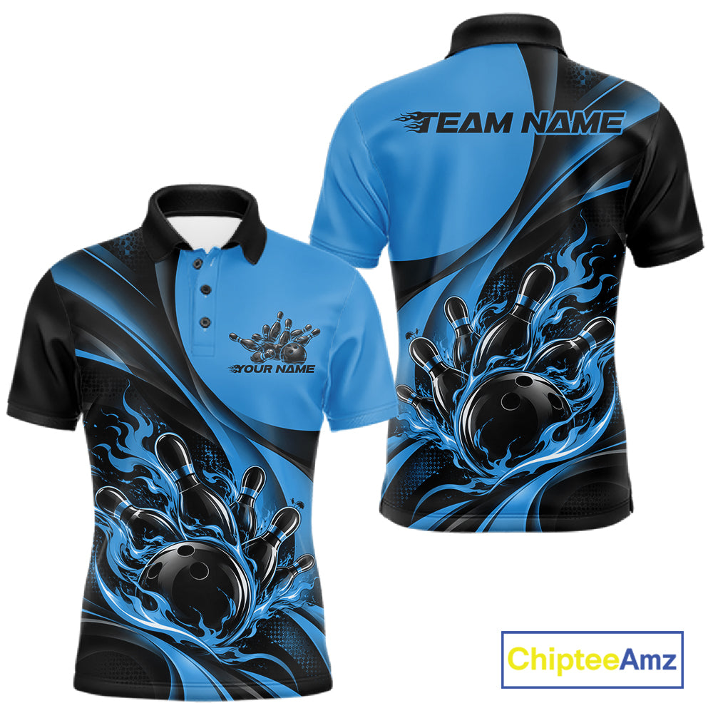 Black And Blue Custom Flame Bowling Men Polo Shirt, Bowling Team Tournament Jersey IPHW12857