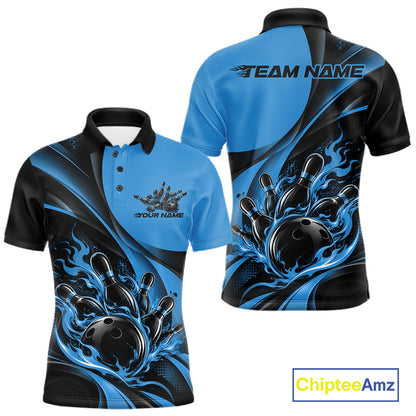 Black And Blue Custom Flame Bowling Men Polo Shirt, Bowling Team Tournament Jersey IPHW12857