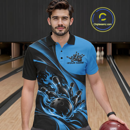 Black And Blue Custom Flame Bowling Men Polo Shirt, Bowling Team Tournament Jersey IPHW12857