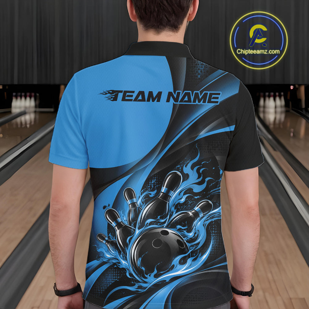 Black And Blue Custom Flame Bowling Men Polo Shirt, Bowling Team Tournament Jersey IPHW12857
