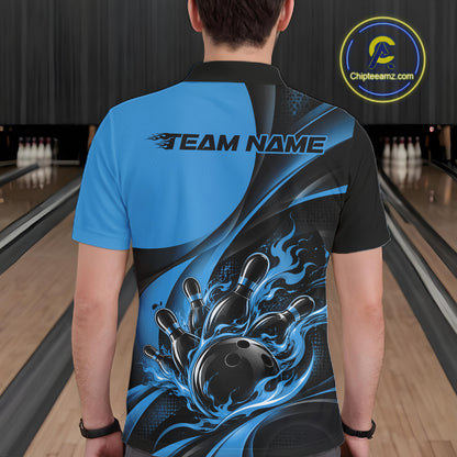 Black And Blue Custom Flame Bowling Men Polo Shirt, Bowling Team Tournament Jersey IPHW12857
