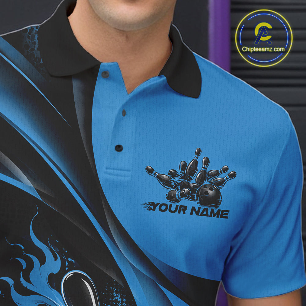 Black And Blue Custom Flame Bowling Men Polo Shirt, Bowling Team Tournament Jersey IPHW12857