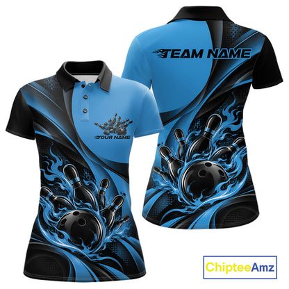 Black And Blue Custom Flame Bowling Women Polo Shirt, Bowling Team Tournament Jersey IPHW12857