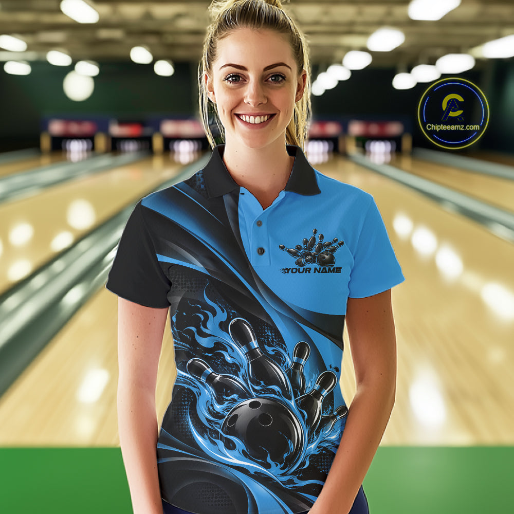 Black And Blue Custom Flame Bowling Women Polo Shirt, Bowling Team Tournament Jersey IPHW12857