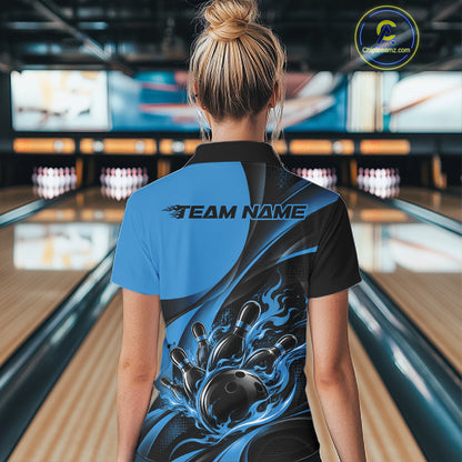 Black And Blue Custom Flame Bowling Women Polo Shirt, Bowling Team Tournament Jersey IPHW12857