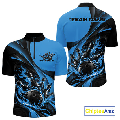 Black And Blue Custom Flame Bowling Men Quarter Zip Shirt, Bowling Team Tournament Jersey IPHW12857