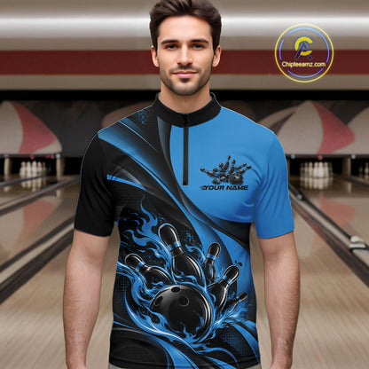 Black And Blue Custom Flame Bowling Men Quarter Zip Shirt, Bowling Team Tournament Jersey IPHW12857