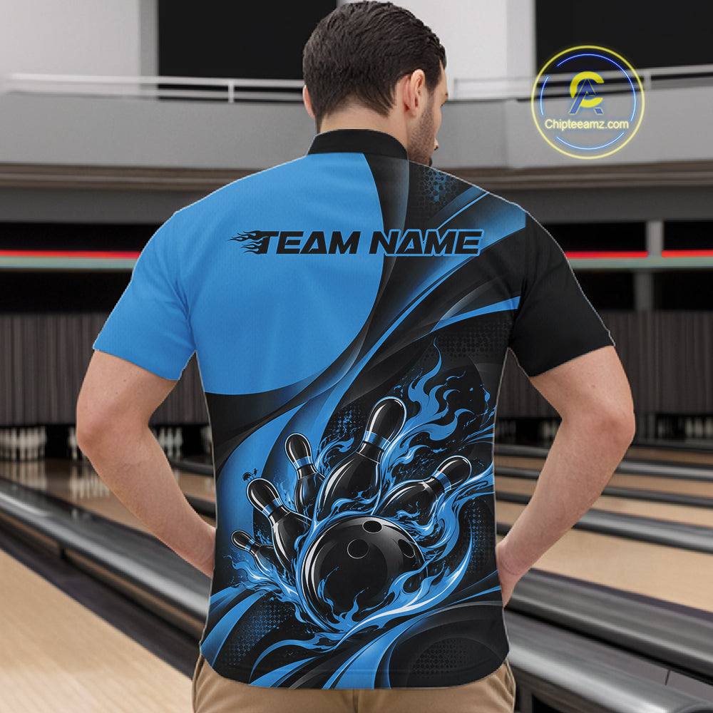 Black And Blue Custom Flame Bowling Men Quarter Zip Shirt, Bowling Team Tournament Jersey IPHW12857