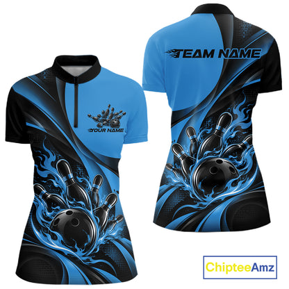 Black And Blue Custom Flame Bowling Women Quarter-Zip Shirt, Bowling Team Jersey IPHW12857