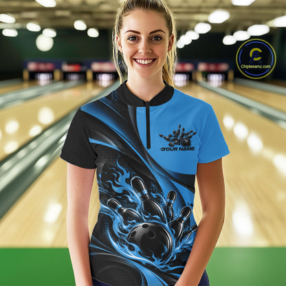 Black And Blue Custom Flame Bowling Women Quarter-Zip Shirt, Bowling Team Jersey IPHW12857