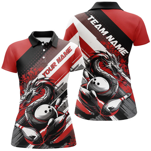 Black And Red Custom Dragon Bowling Polo Shirts For Women, Dragon Bowling League Shirt IPHW8070