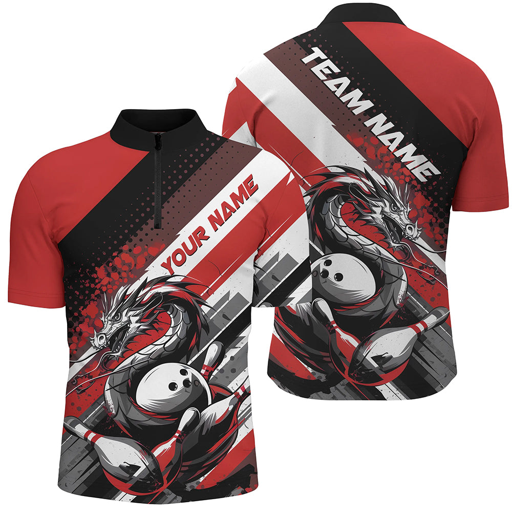 Black And Red Custom Dragon Bowling Quarter-Zip Shirts For Men, Dragon Bowling League Shirt IPHW8070