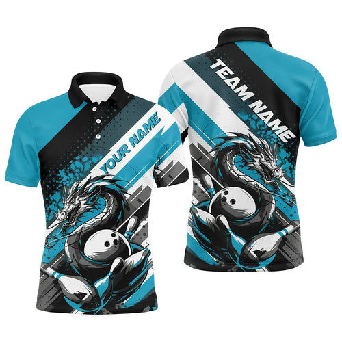 Black And Blue Custom Dragon Bowling Polo Shirts For Men, Dragon Bowling League Shirt IPHW8071