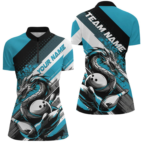 Black And Blue Custom Dragon Bowling Quarter-Zip Shirts For Women, Bowling League Shirt IPHW8071