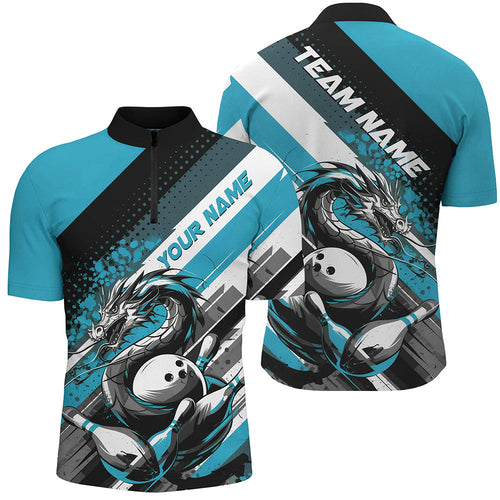 Black And Blue Custom Dragon Bowling Quarter-Zip Shirts For Men, Dragon Bowling League Shirt IPHW8071