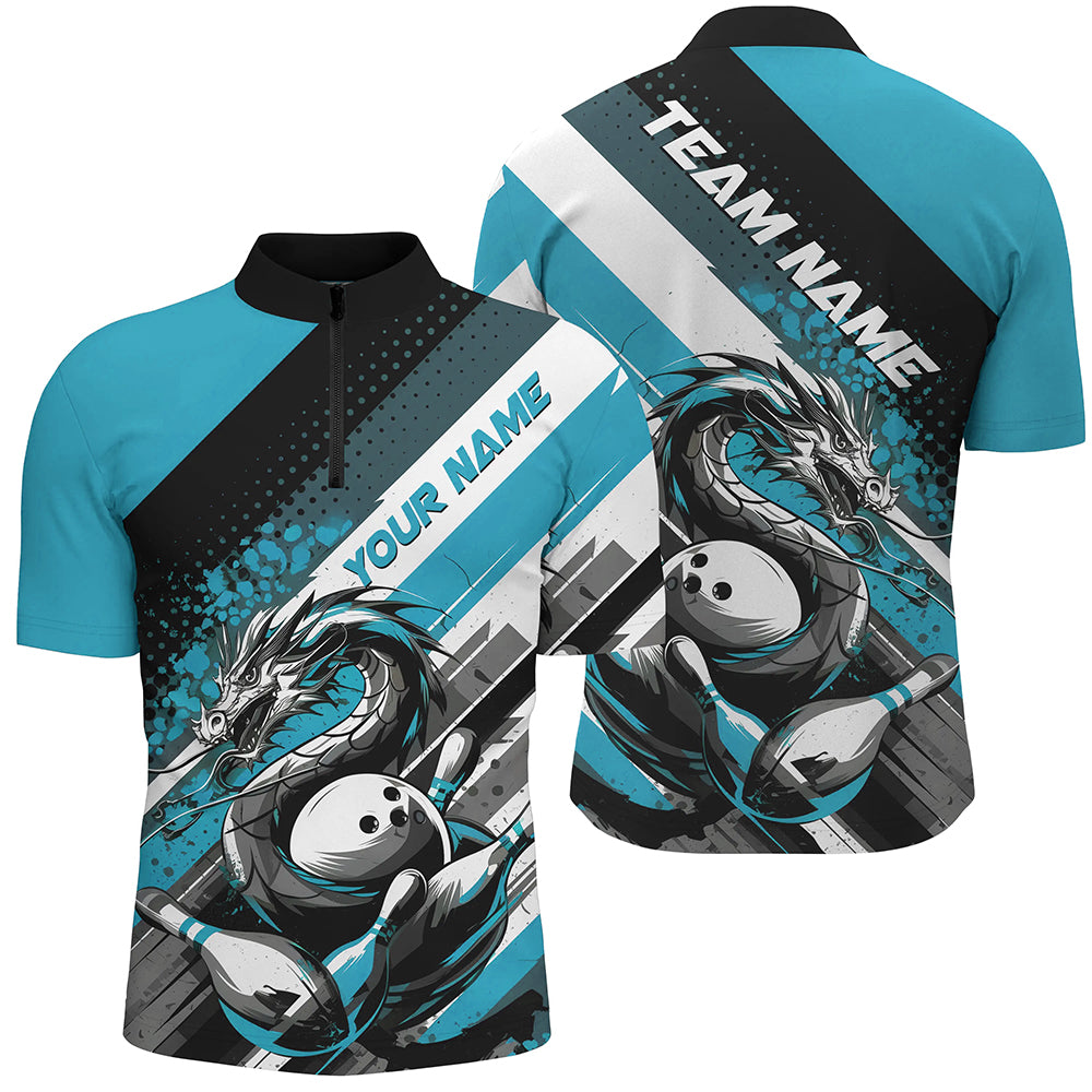 Black And Blue Custom Dragon Bowling Quarter-Zip Shirts For Men, Dragon Bowling League Shirt IPHW8071