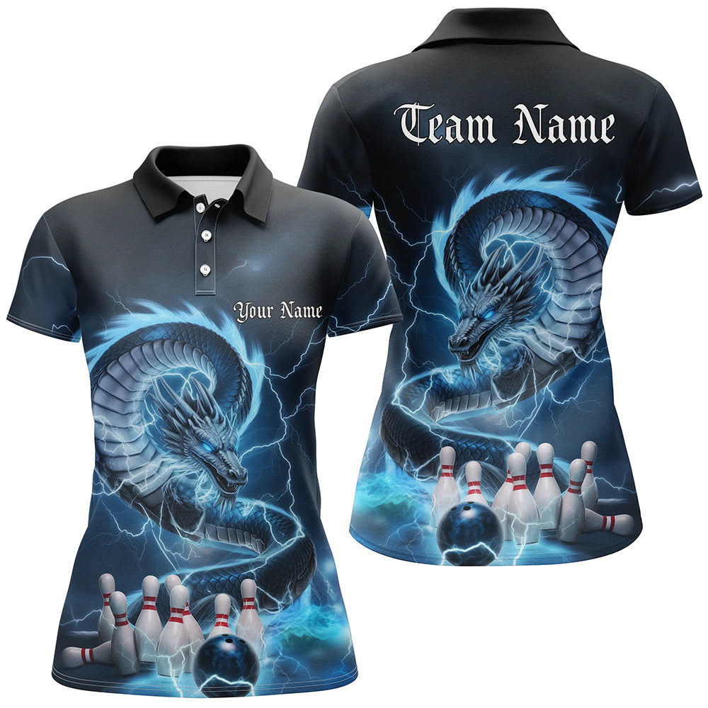 Custom Black And Blue Thunder Lightning Dragon Bowling Polo Shirts For Women Bowling Jerseys IPHW8074