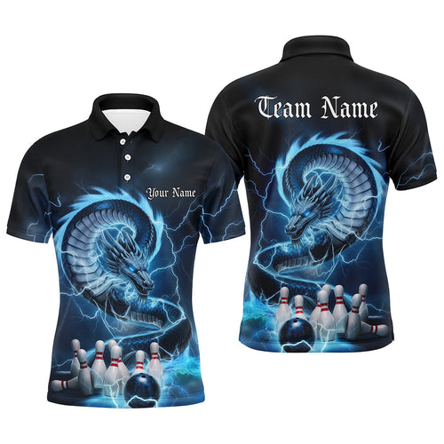 Custom Black And Blue Thunder Lightning Dragon Bowling Polo Shirts For Men Bowling Jerseys IPHW8074