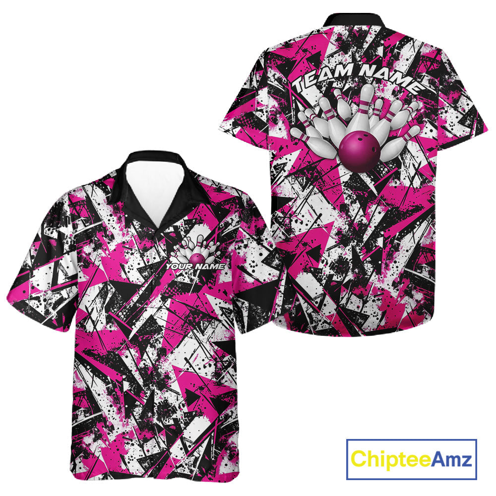 Custom Graffity Pink Camo Bowling Team Men And Women Hawaiian Shirts, Camouflage Bowling Jerseys IPHW10214