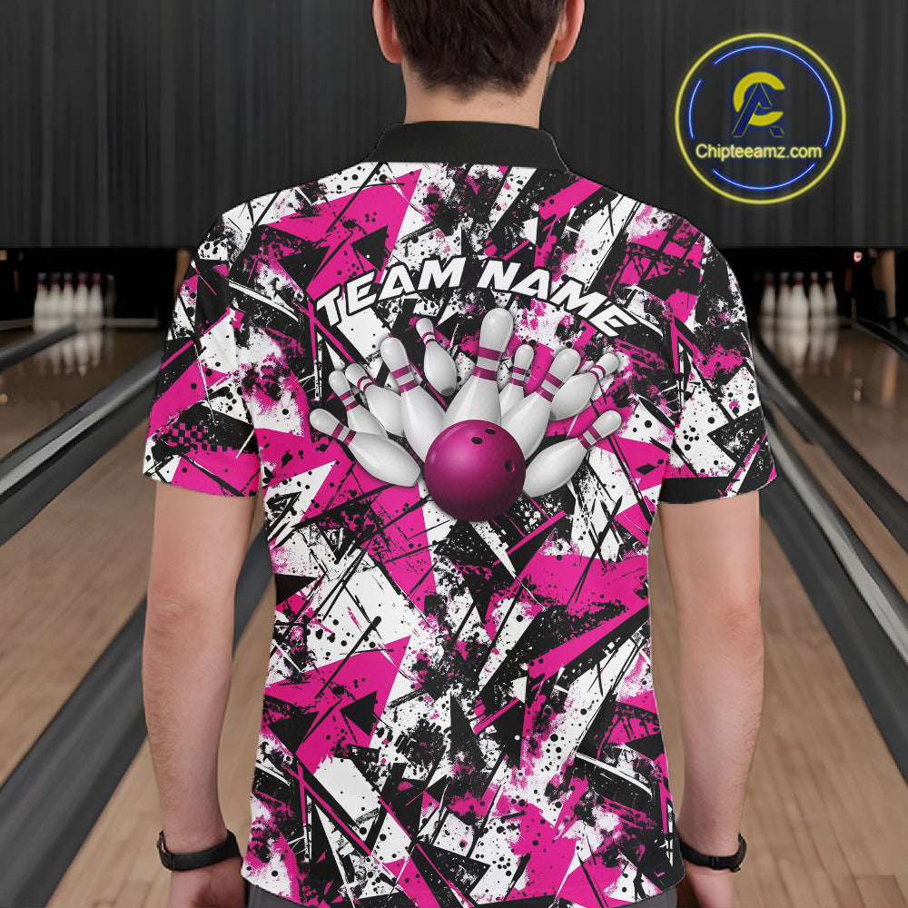 Custom Graffity Pink Camo Bowling Team Men Polo Shirts, Camouflage Bowling Jerseys IPHW10214